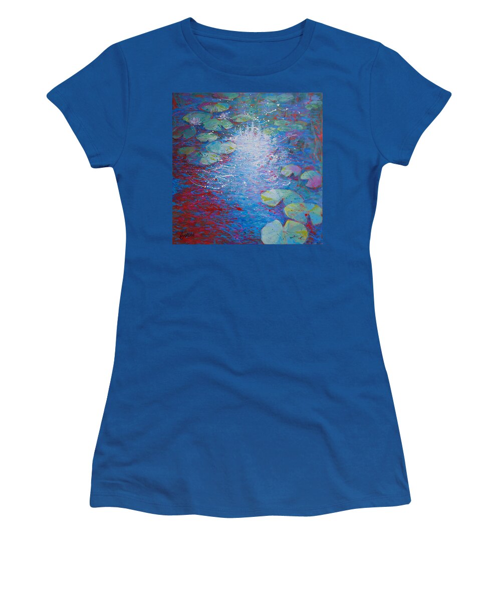  Women's T-Shirt featuring the painting Reflection Pond with Liles by Jyotika Shroff