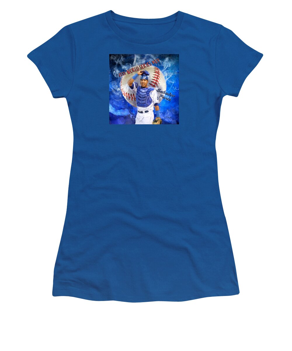 Salvie Women's T-Shirt featuring the painting Salvador Perez 2015 World Series MVP by Colleen Taylor