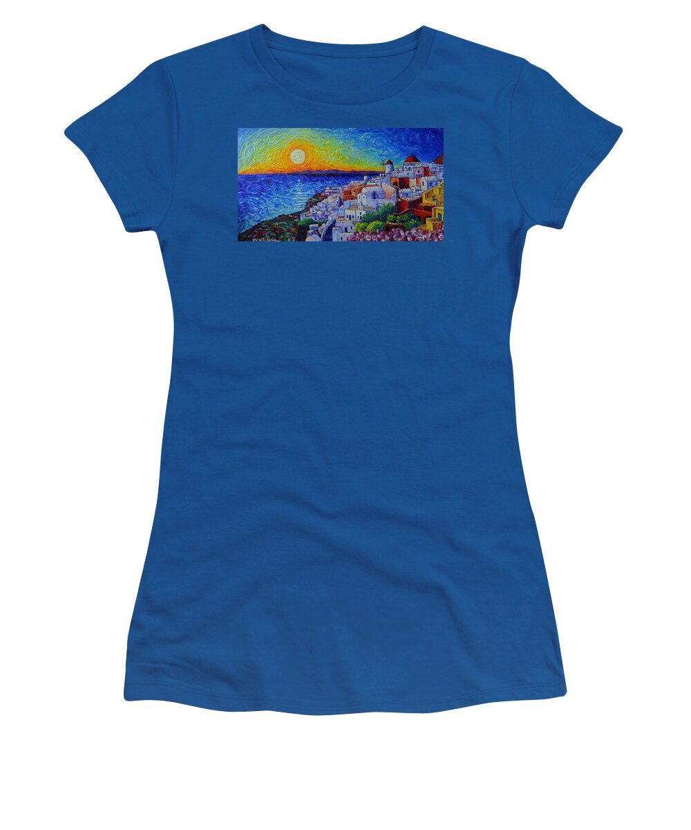 Santorini Women's T-Shirt featuring the painting SANTORINI OIA SUNSET modern impressionist impasto palette knife oil painting by Ana Maria Edulescu by Ana Maria Edulescu