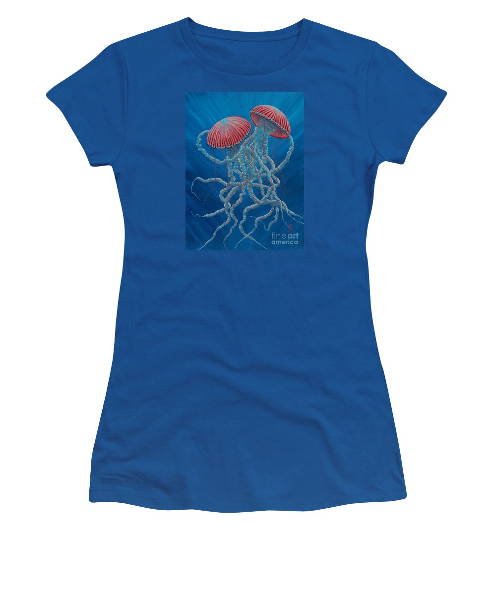 Jelly Fish Women's T-Shirt featuring the painting SciFi Jellies by Rebecca Parker