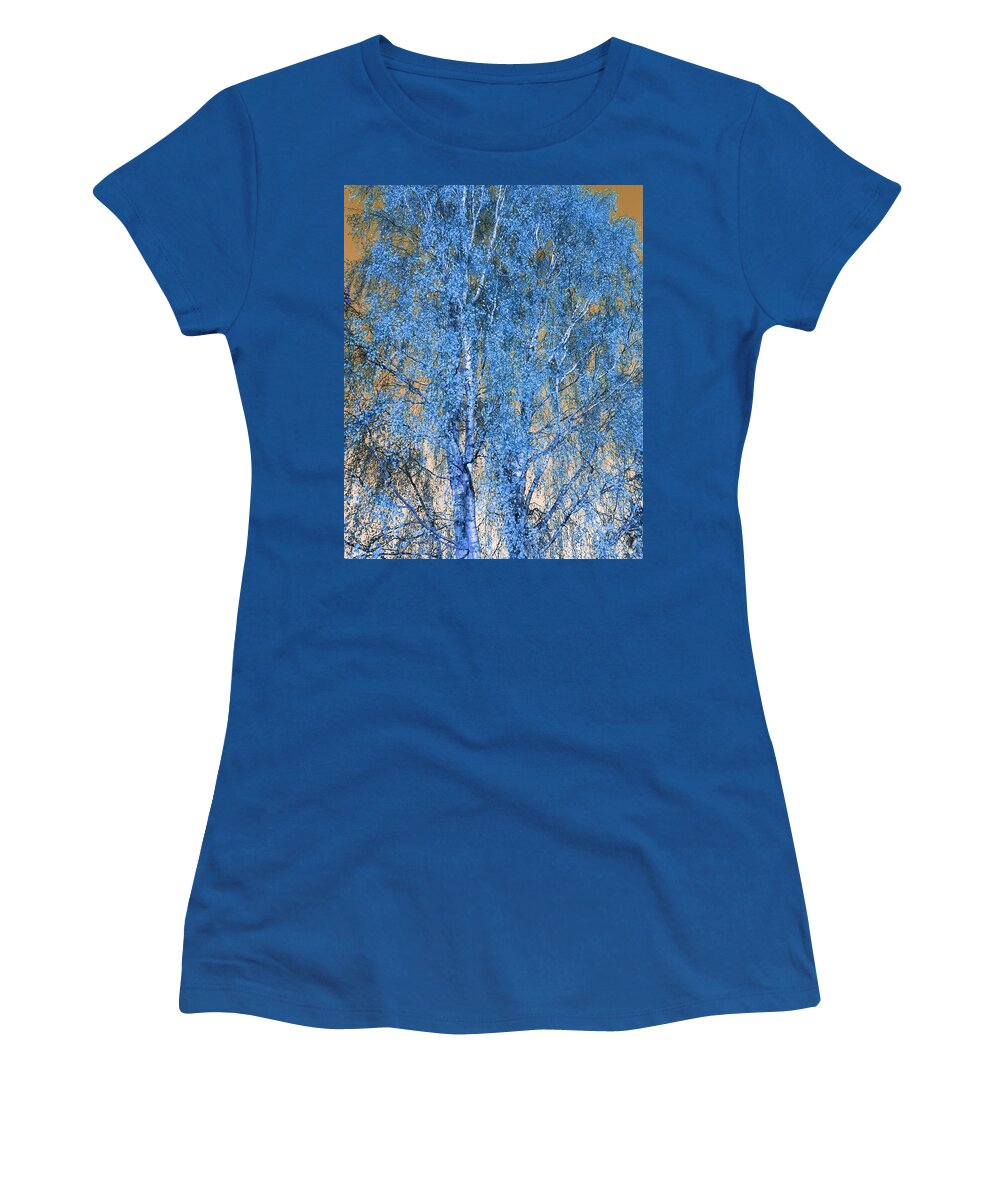 Silverbirch Women's T-Shirt featuring the photograph Silver Birch in Blue by Rowena Tutty