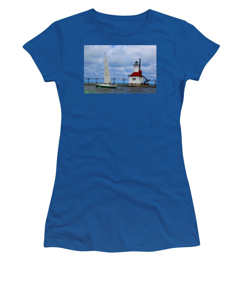 St Joseph Lighthouse Women's T-Shirt featuring the photograph St. Joseph Lighthouse Sailboat by Michael Rucker