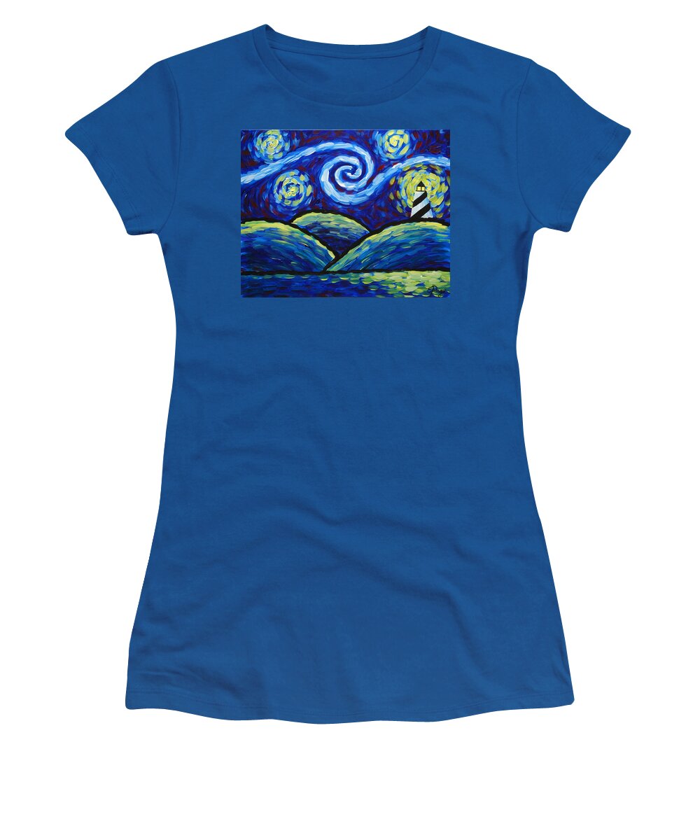 Lighthouse Women's T-Shirt featuring the painting Starry Night at Cape Hatteras by Emily Page