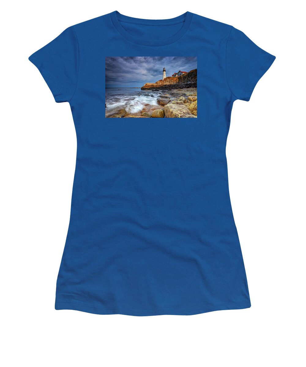 Portland Head Lighthouse Women's T-Shirt featuring the photograph Stormy Skies at Portland Head by Rick Berk