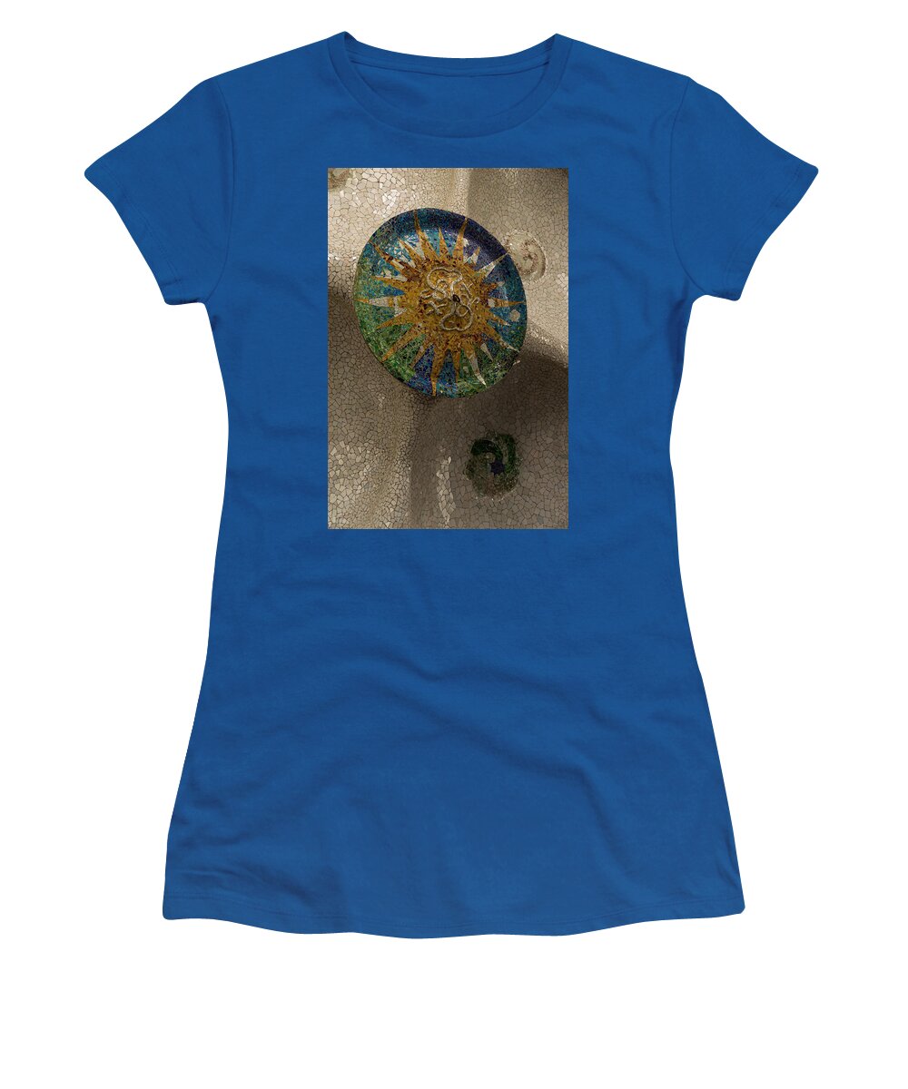 Antonio Gaudis Women's T-Shirt featuring the photograph Stylized Sun - Antoni Gaudi Ceiling Medallion at Hypostyle Room in Park Guell - Left Vertical by Georgia Mizuleva