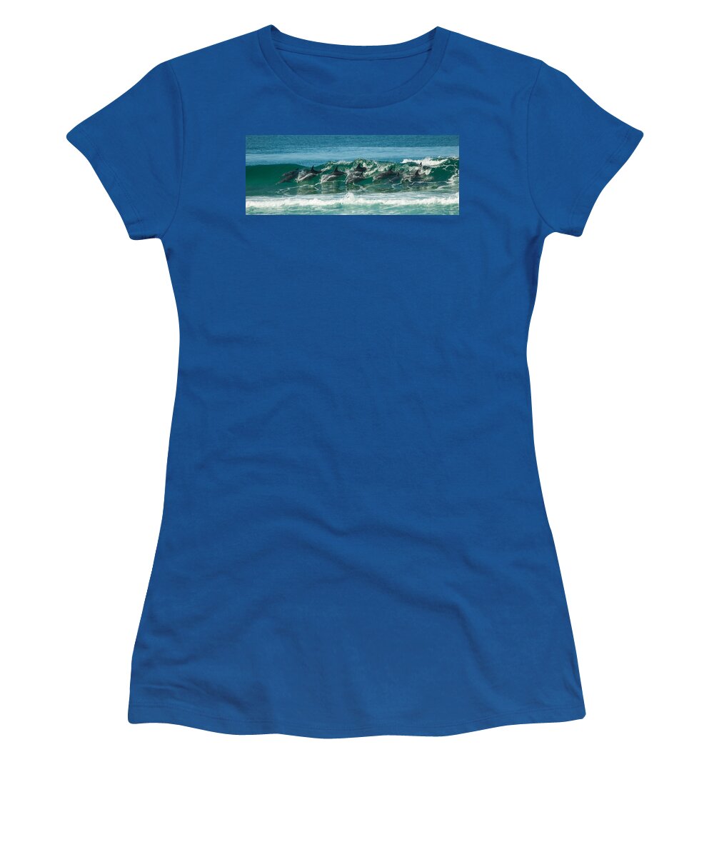 Action Women's T-Shirt featuring the photograph Surfing Dolphins 4 by Alistair Lyne