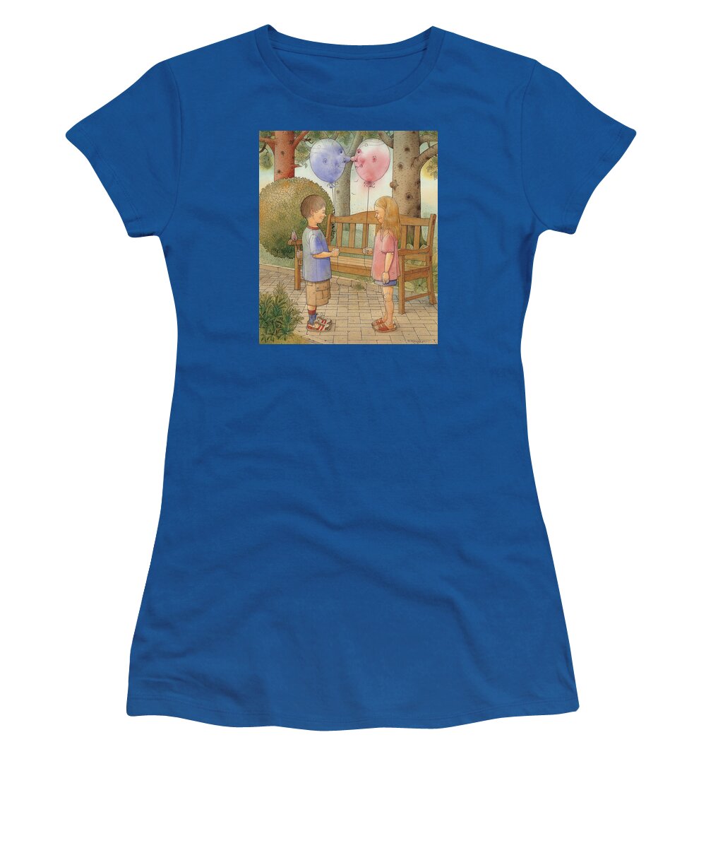 Love Amour Kiss Date Park Garden Flirt Women's T-Shirt featuring the painting The first date by Kestutis Kasparavicius