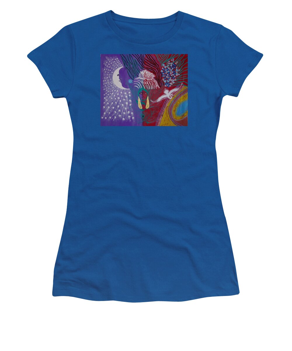 Modern Women's T-Shirt featuring the painting The Peacock Moon by Sima Amid Wewetzer