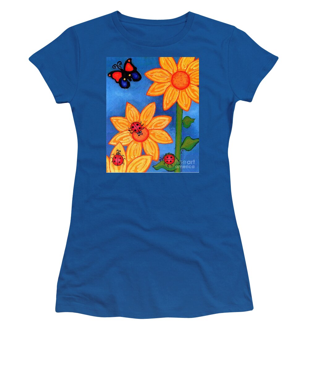 Ladybugs Women's T-Shirt featuring the painting Three Ladybugs and Butterfly by Genevieve Esson