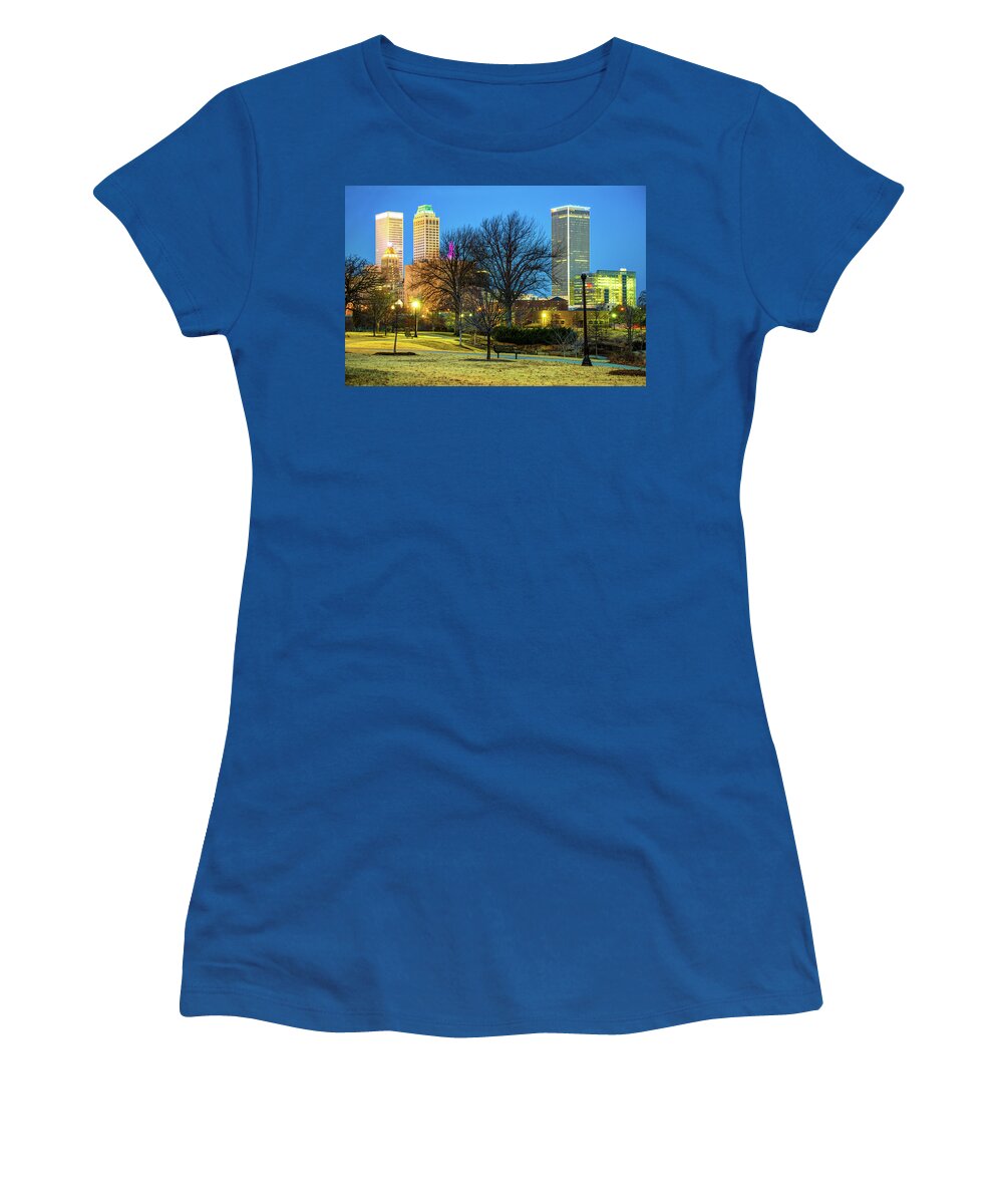 Tulsa Skyline Women's T-Shirt featuring the photograph Tulsa Skyline Behind Barren Trees by Gregory Ballos