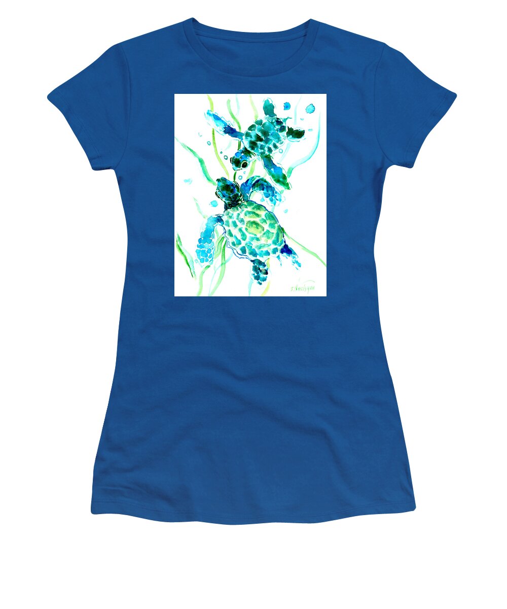 Sea Turtle Women's T-Shirt featuring the painting Turquoise Indigo Sea Turtles by Suren Nersisyan