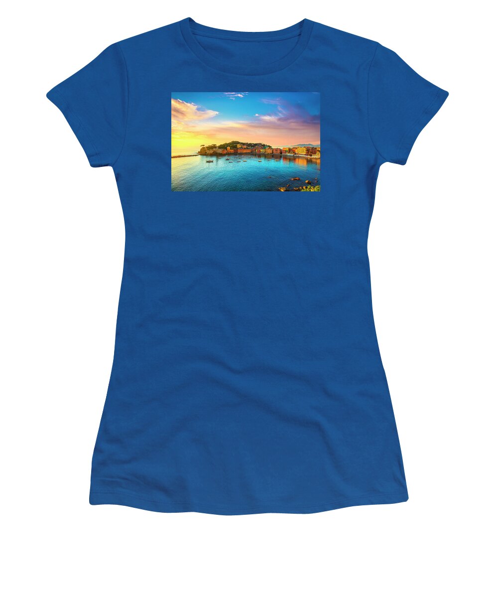 Sestri Women's T-Shirt featuring the photograph Sestri Levante, silence bay sea harbor and beach view on sunset. #1 by Stefano Orazzini