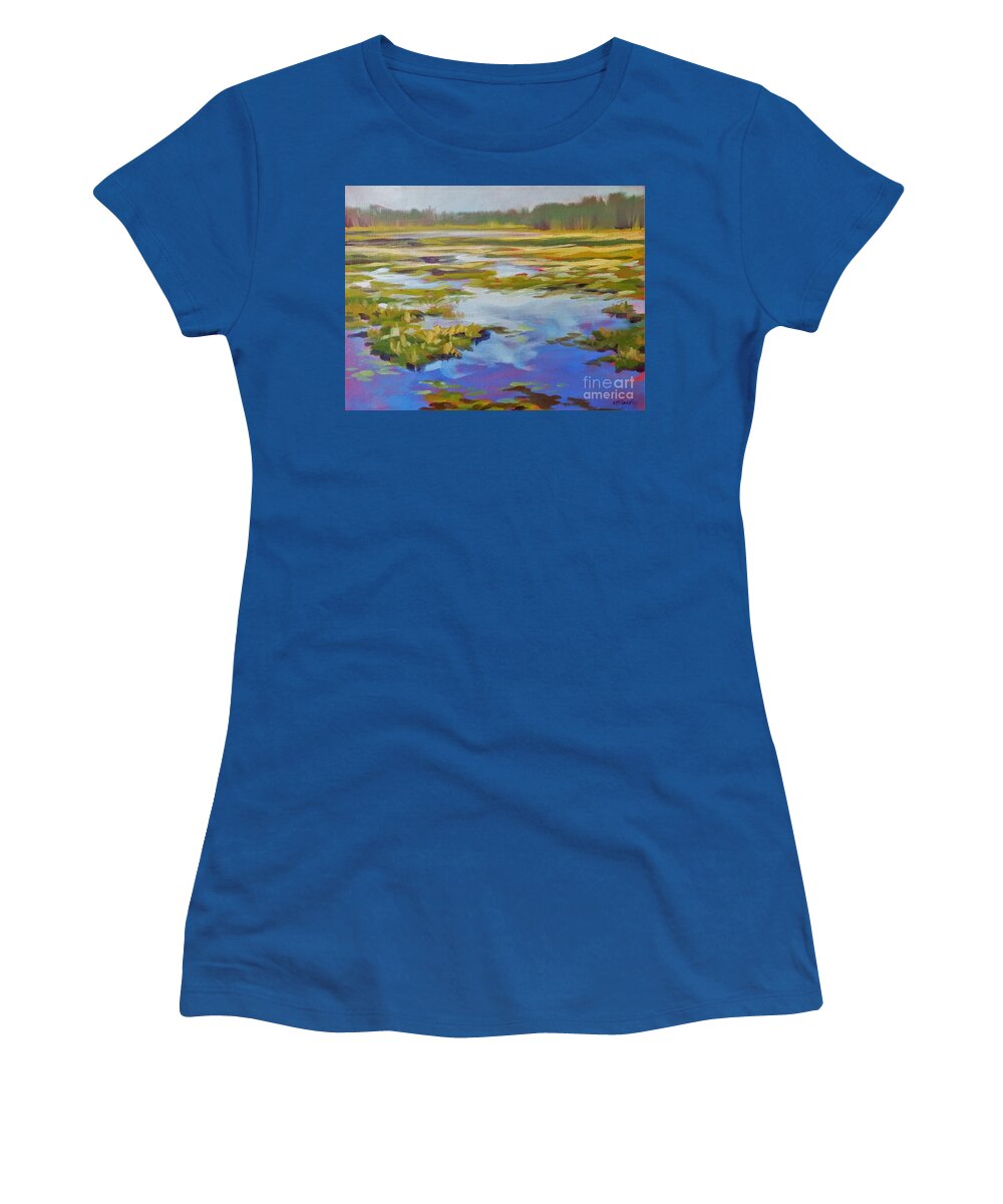 Landscape Women's T-Shirt featuring the painting Blue Sky Reflections by K M Pawelec
