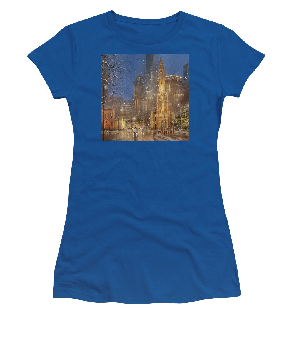 Snow Scene Women's T-Shirt featuring the painting Chicago Water Tower by Tom Shropshire