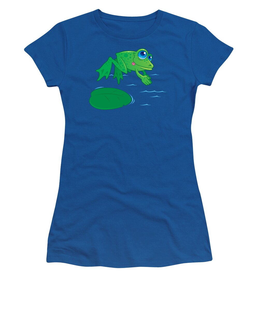 Vector Drawing Of A Cute Frog Diving Off Of A Lily Pad Into Water. Drawn In A Humorous Cartoon Style. Women's T-Shirt featuring the digital art Diving Frog by John Schwegel
