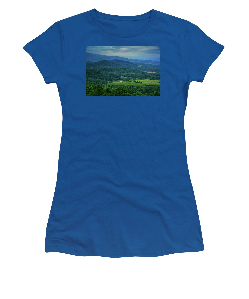 Farm In The Shenandoah Valley From Shenandoah National Park Women's T-Shirt featuring the photograph Farm in the Shenandoah Valley from Signal Knob Overlook in Shenandoah National Park by Raymond Salani III