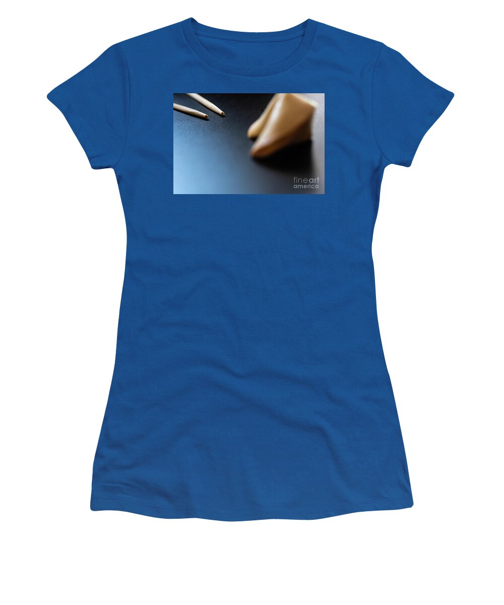 Asian Women's T-Shirt featuring the photograph Fortune cookies on black background with chopsticks and copy space. by Joaquin Corbalan