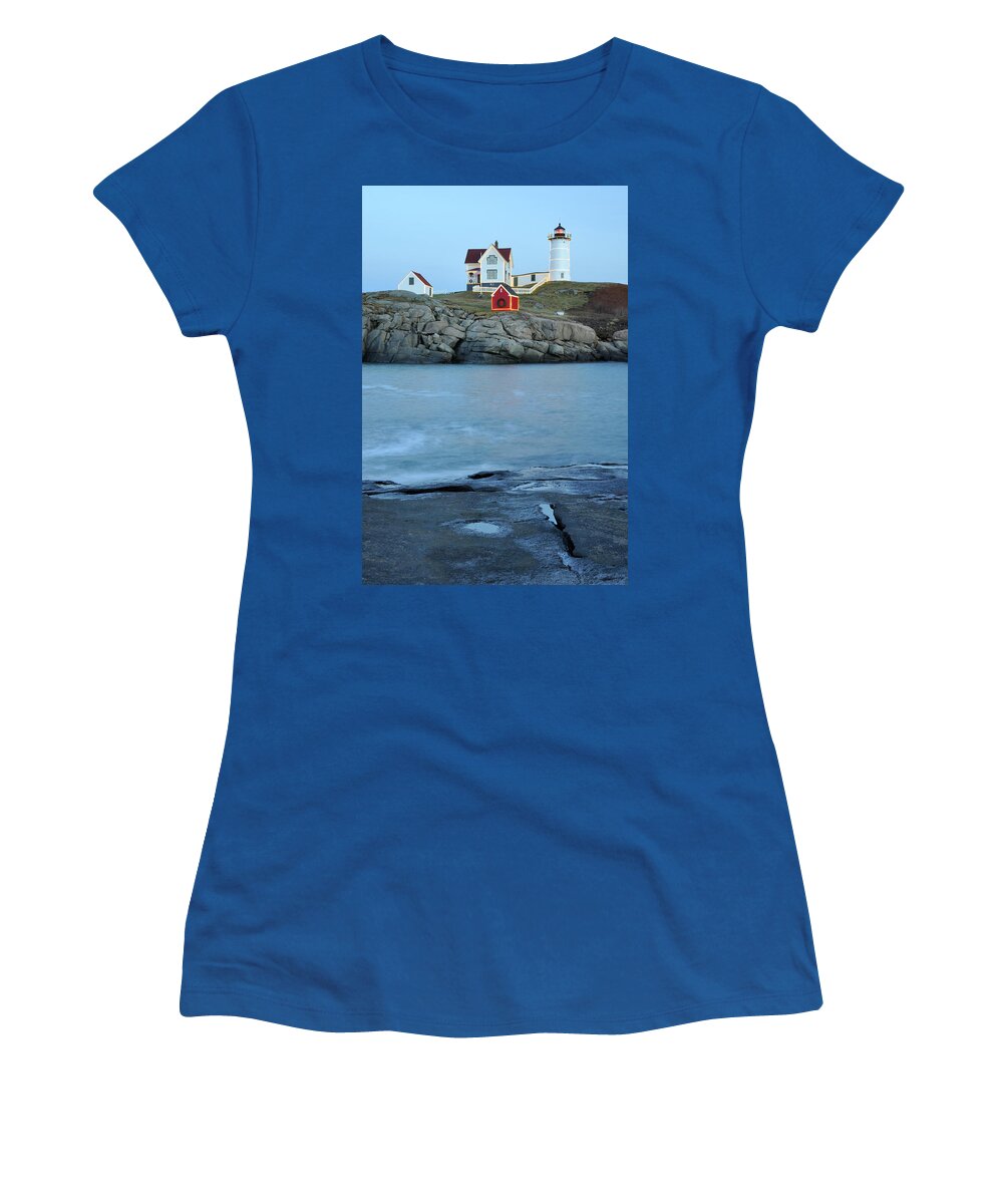 Nubble Lighthouse Women's T-Shirt featuring the photograph Holiday Nubble on the Rocks by Luke Moore