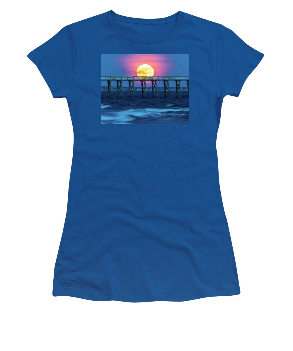 Moon Women's T-Shirt featuring the photograph Moon and Pier by Nick Noble