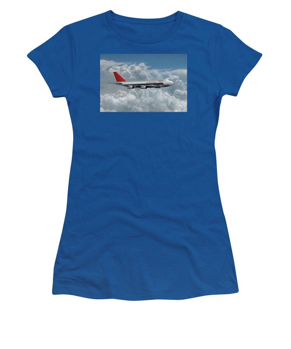 Northwest Orient Airlines Women's T-Shirt featuring the mixed media Northwest Orient Among the Clouds by Erik Simonsen