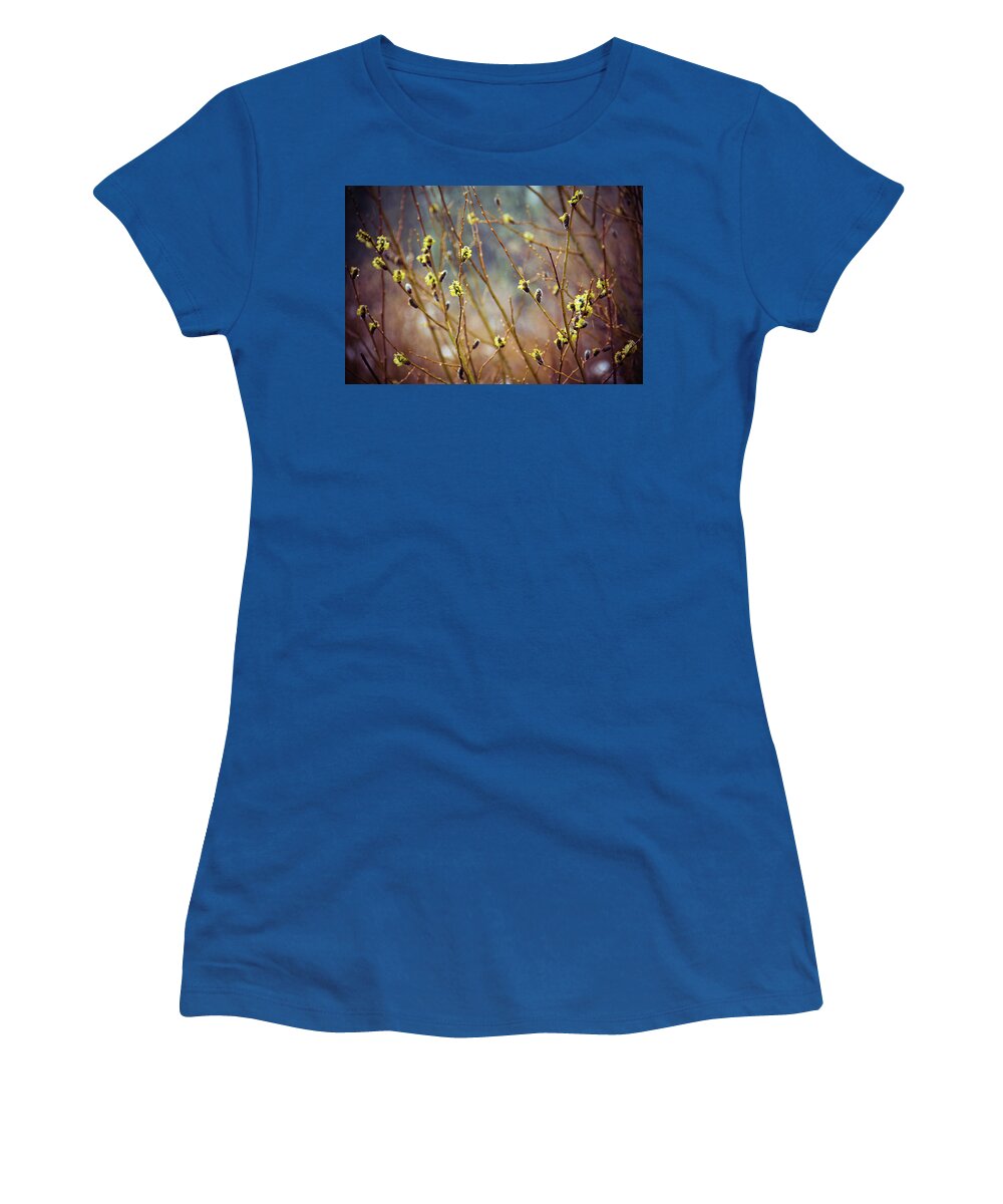 Flowers Women's T-Shirt featuring the photograph Snowfall on Budding Willows by Laura Roberts