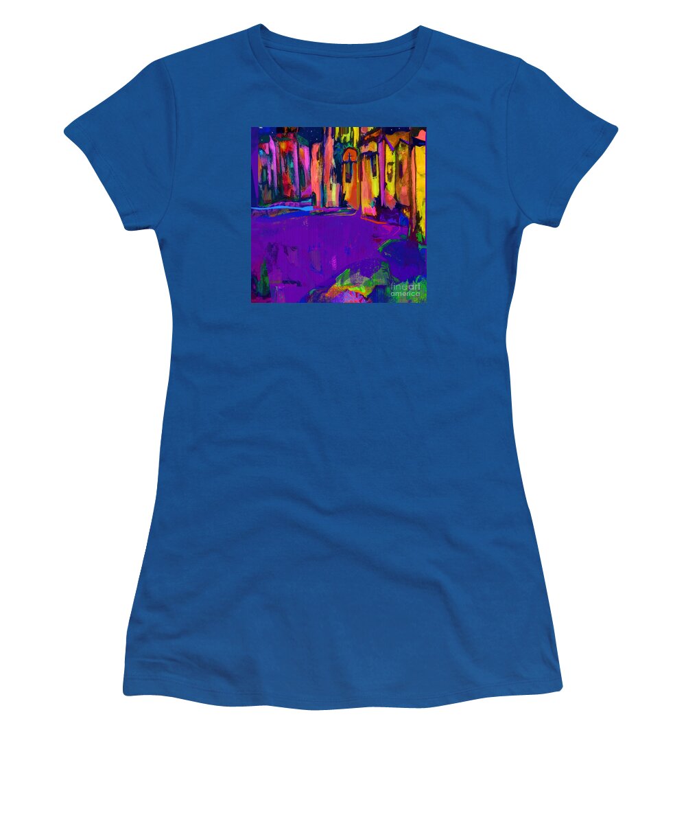Square Women's T-Shirt featuring the mixed media Good Night Santa Fe in Lavender and Gold by Zsanan Studio