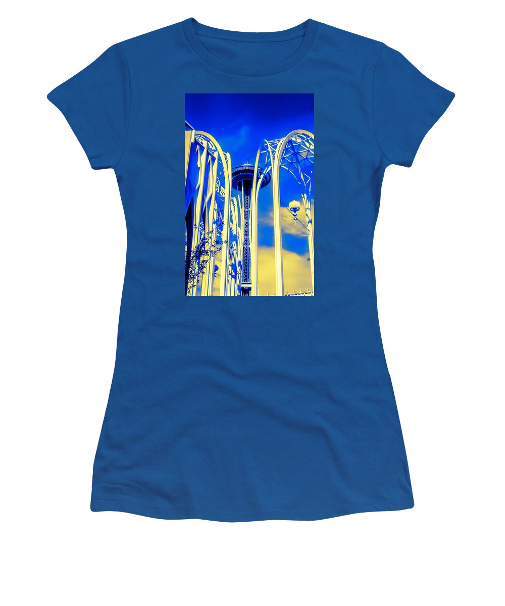 Space Needle Women's T-Shirt featuring the photograph Space Needle Blue and Yellow by Cathy Anderson
