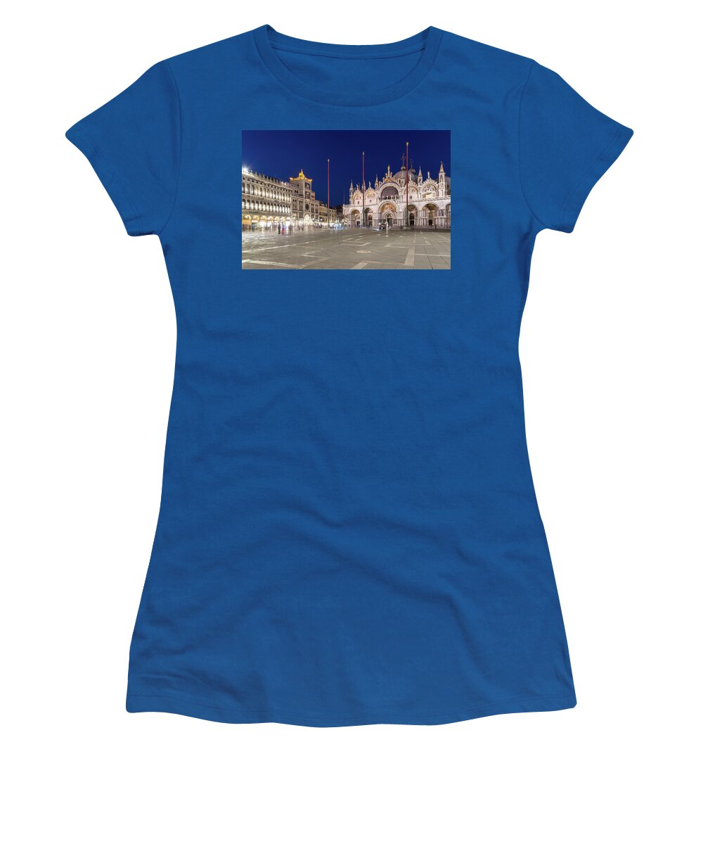 Piazza San Marco Women's T-Shirt featuring the photograph Venice Italy Night Magic - Saint Mark Square Piazza San Marco Blue Midnight by Georgia Mizuleva
