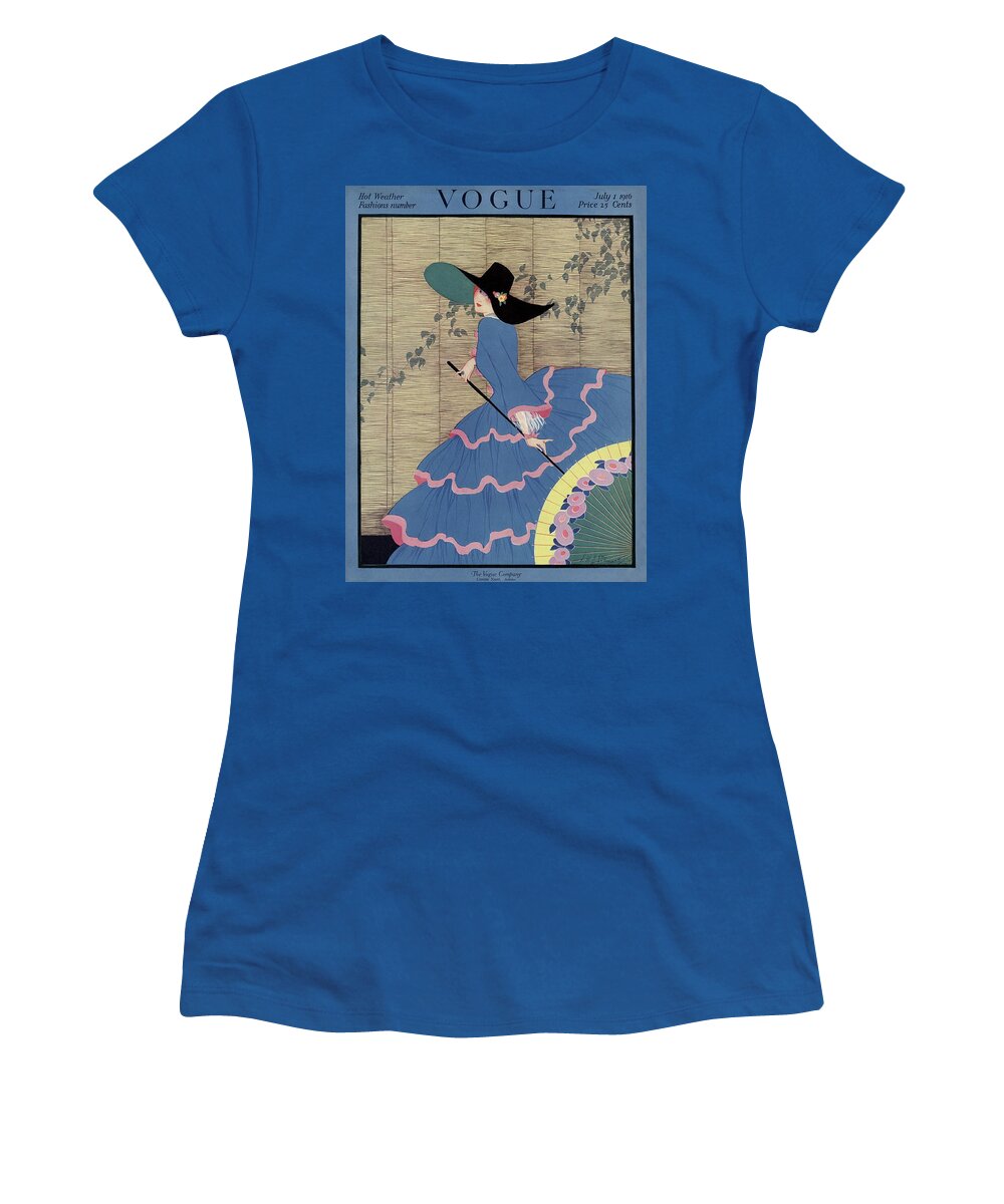 #new2022vogue Women's T-Shirt featuring the painting Vintage Vogue Cover Of A Woman In A Tiered Blue by E M A Steinmetz