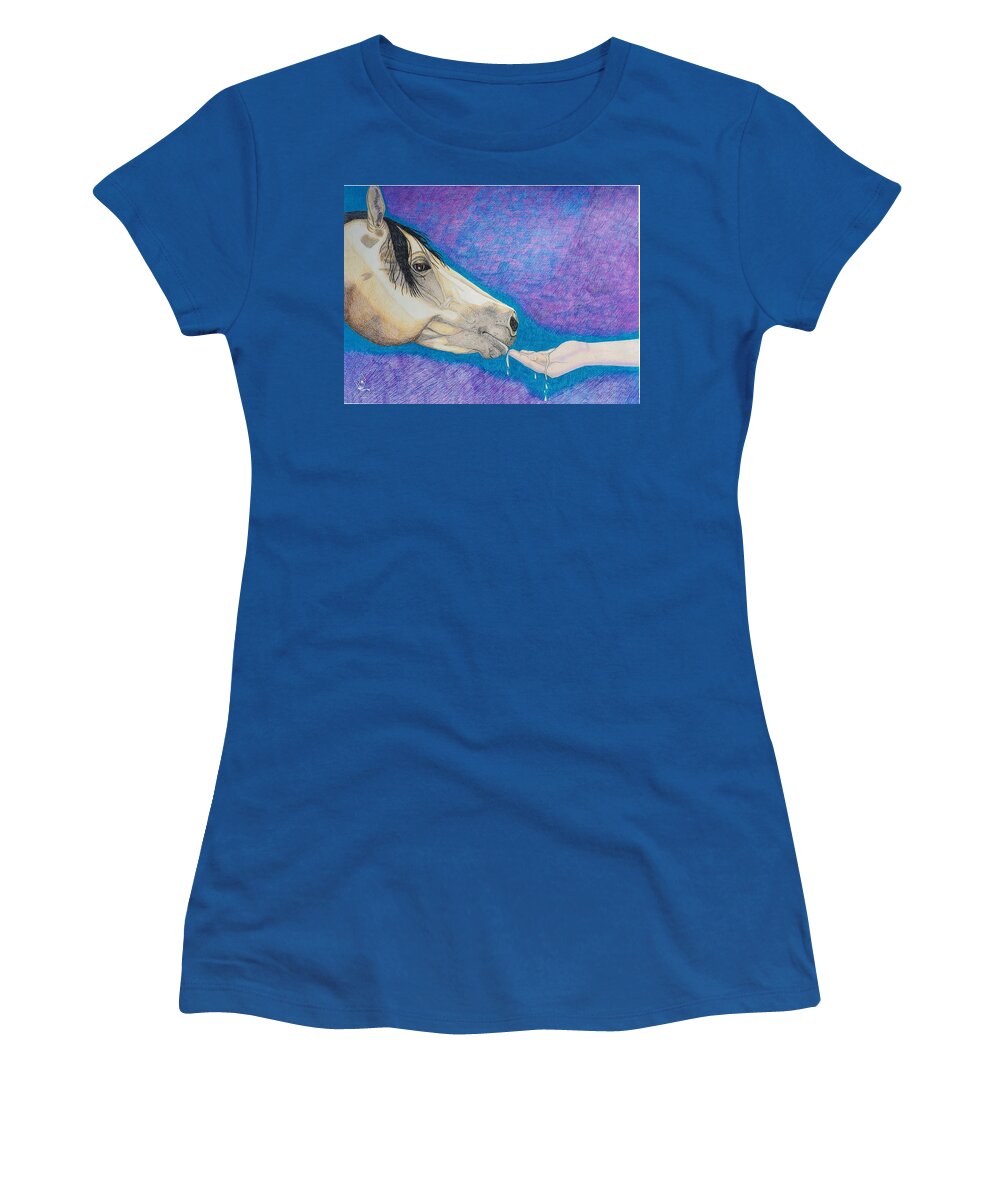 Buckskin Horse Women's T-Shirt featuring the drawing Water for My Friend by Equus Artisan