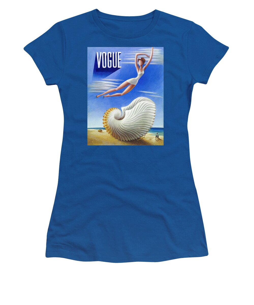 #new2022vogue Women's T-Shirt featuring the painting Woman In White Swimsuit Floating Above A Shell by Miguel Covarrubias
