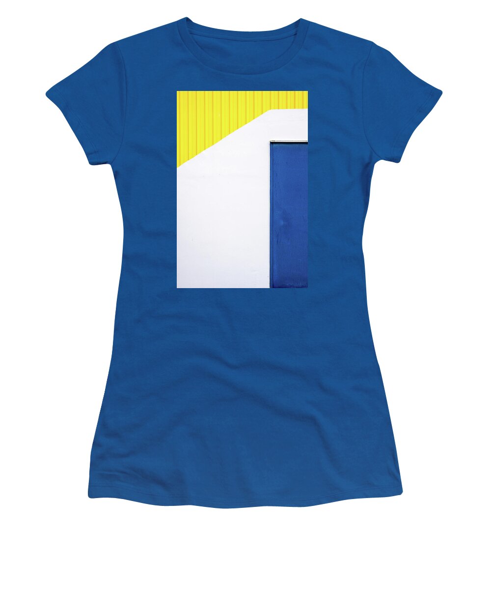 Minimal Women's T-Shirt featuring the photograph Blue close metal door on a white and yellow wall. #1 by Michalakis Ppalis