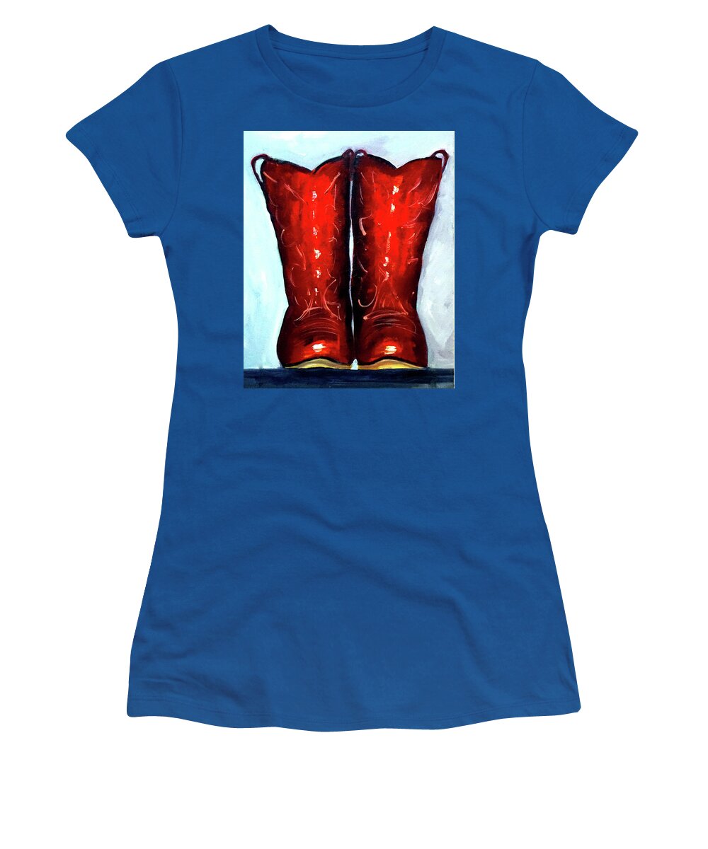 Red Women's T-Shirt featuring the painting Red Cowgirl Boots #1 by Katy Hawk