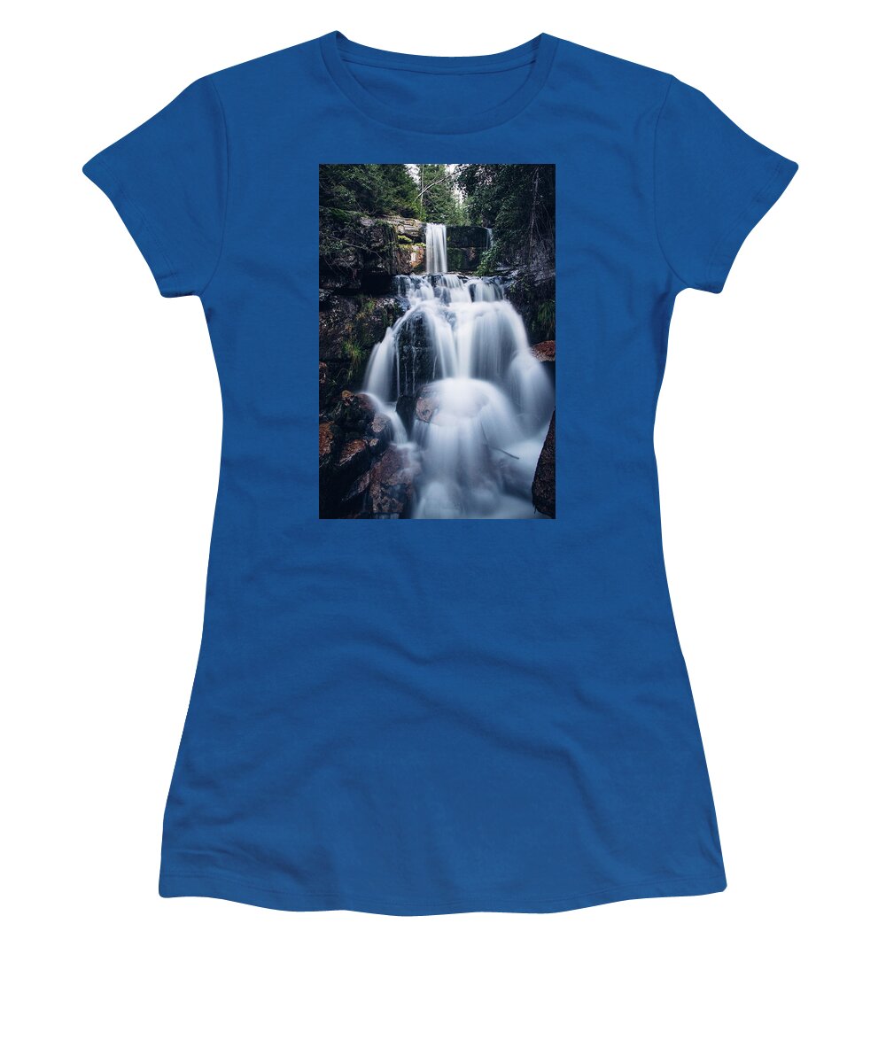 Jizera Mountains Women's T-Shirt featuring the photograph Cascade of two large waterfalls on the small river Jedlova by Vaclav Sonnek