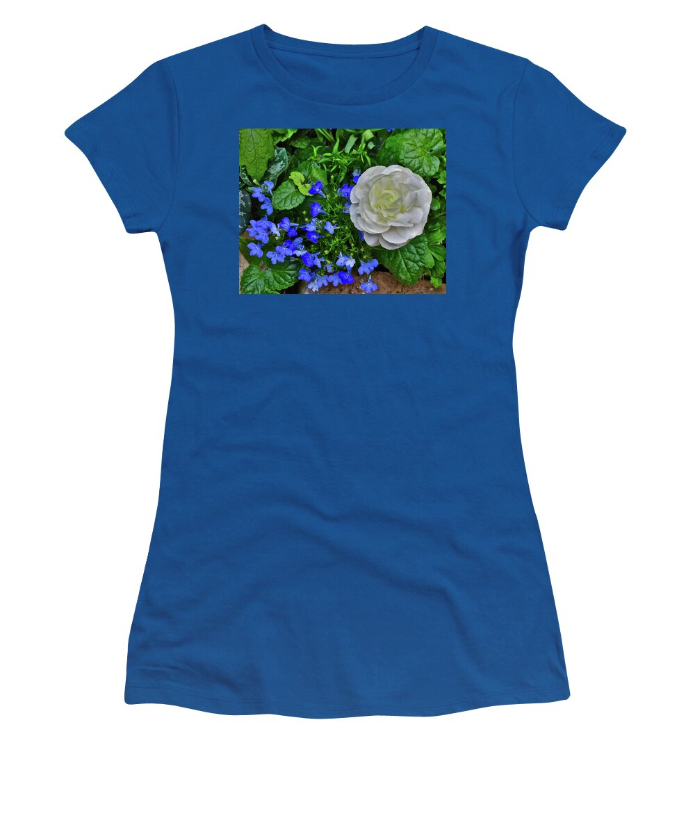 Spring Flowers Women's T-Shirt featuring the photograph 2023 Spring Show Buttercup and Lobelia by Janis Senungetuk