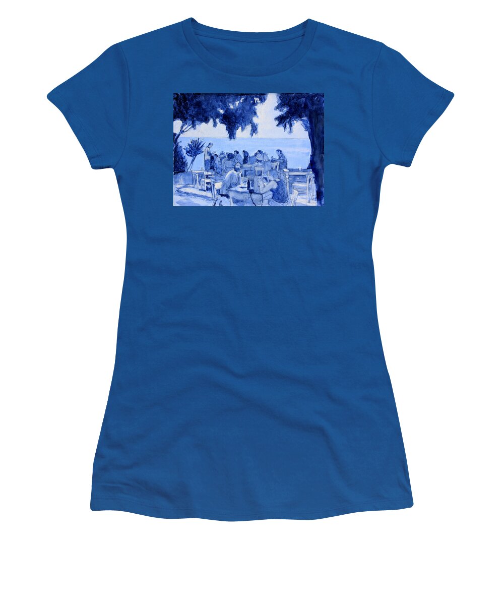 Dining Al Fresco Women's T-Shirt featuring the painting A Lunch in Crete by David Zimmerman