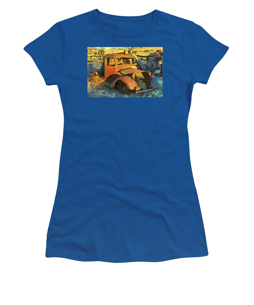 Truck Women's T-Shirt featuring the digital art A Rusted Old Truck Marfa Texas Watercolor Versio by Carol Highsmith