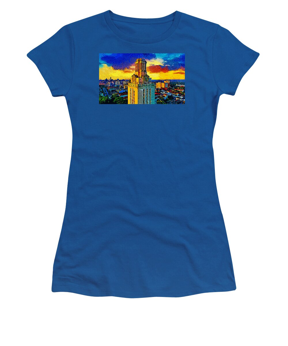 Main Building Women's T-Shirt featuring the digital art Aerial of the Main Building of the University of Texas at Austin - impressionist painting by Nicko Prints