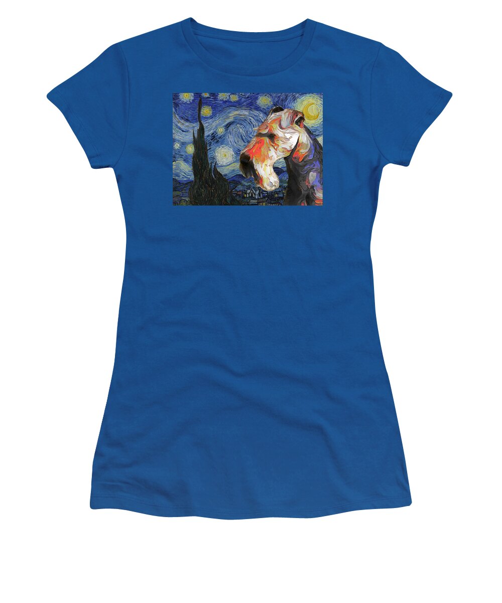 Airedale Terrier Women's T-Shirt featuring the painting Airedale Terrier Art Starry Night Van Gogh Airedale Dog Print by Sandra Sij
