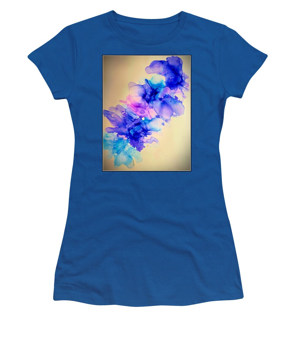  Alcohol Ink Painting Women's T-Shirt featuring the painting Alcohol Ink Blue Floral Abstract by Femina Photo Art By Maggie