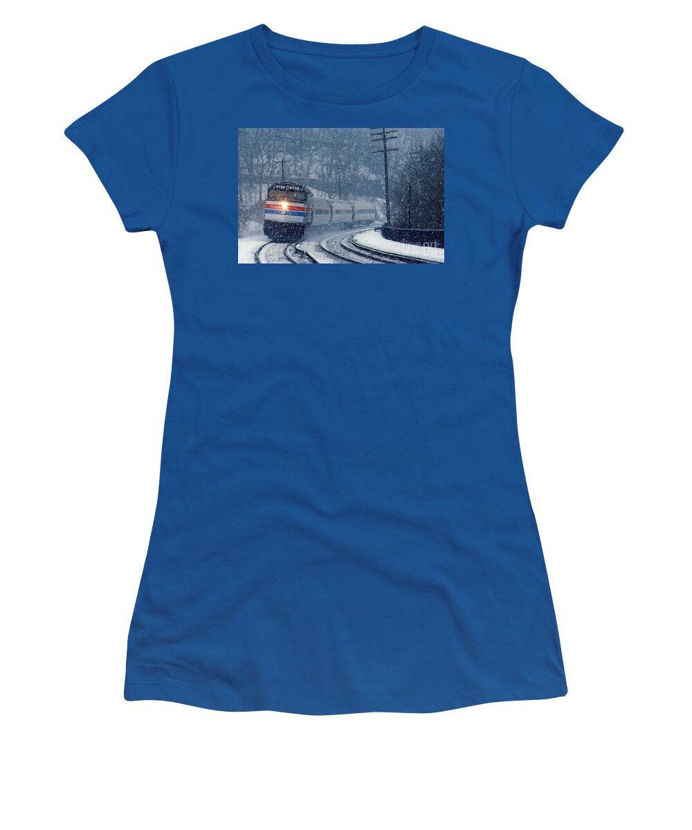 Train Women's T-Shirt featuring the photograph Amtrak in the Snow by Thomas Marchessault