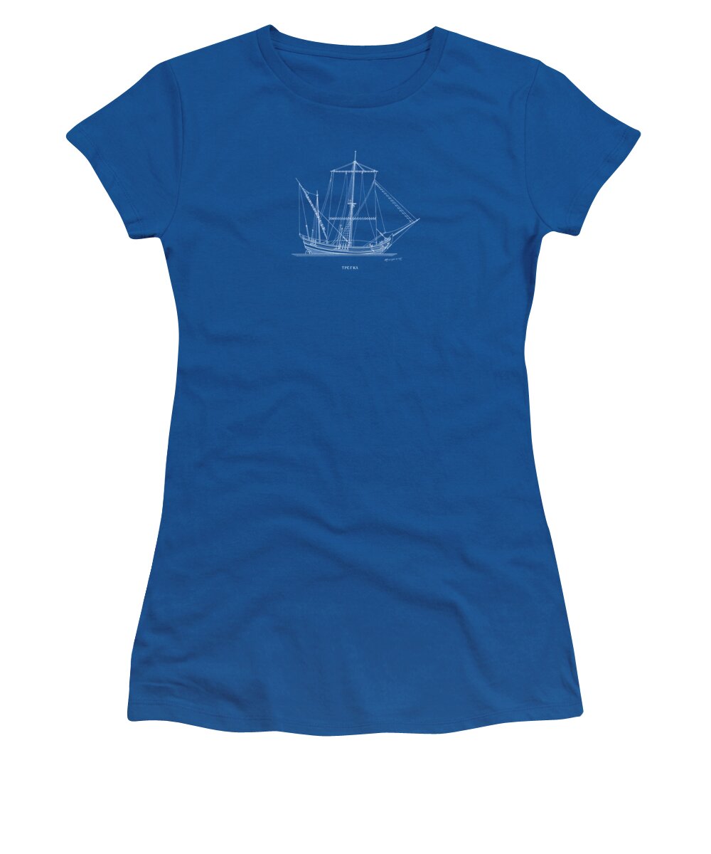 Sailing Vessels Women's T-Shirt featuring the drawing Trega - traditional Greek sailing ship - blueprint by Panagiotis Mastrantonis