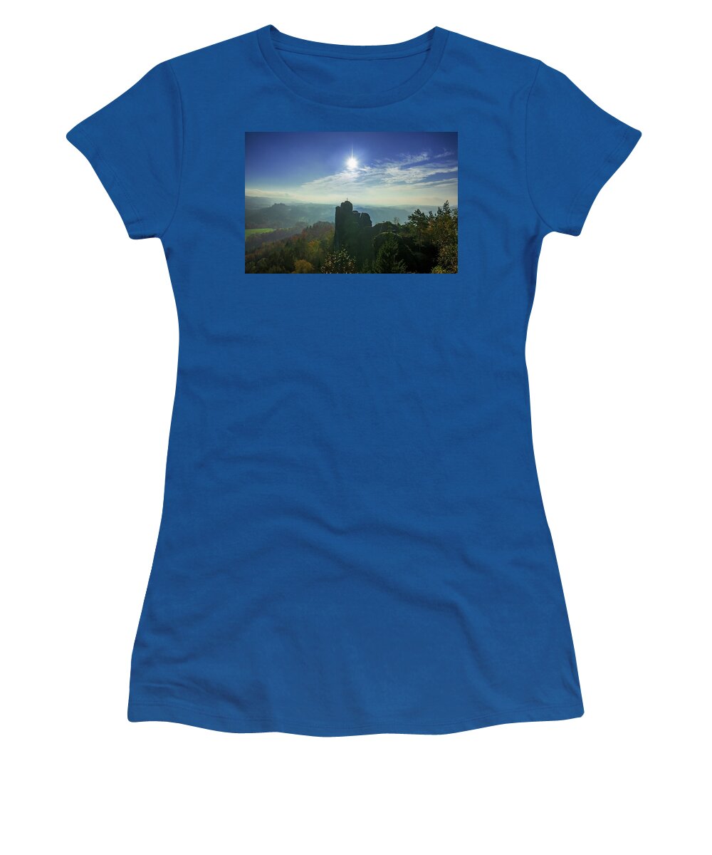 Saxon Switzerland Women's T-Shirt featuring the photograph Autumn sunrise in the Elbe Sandstone Mountains by Sun Travels