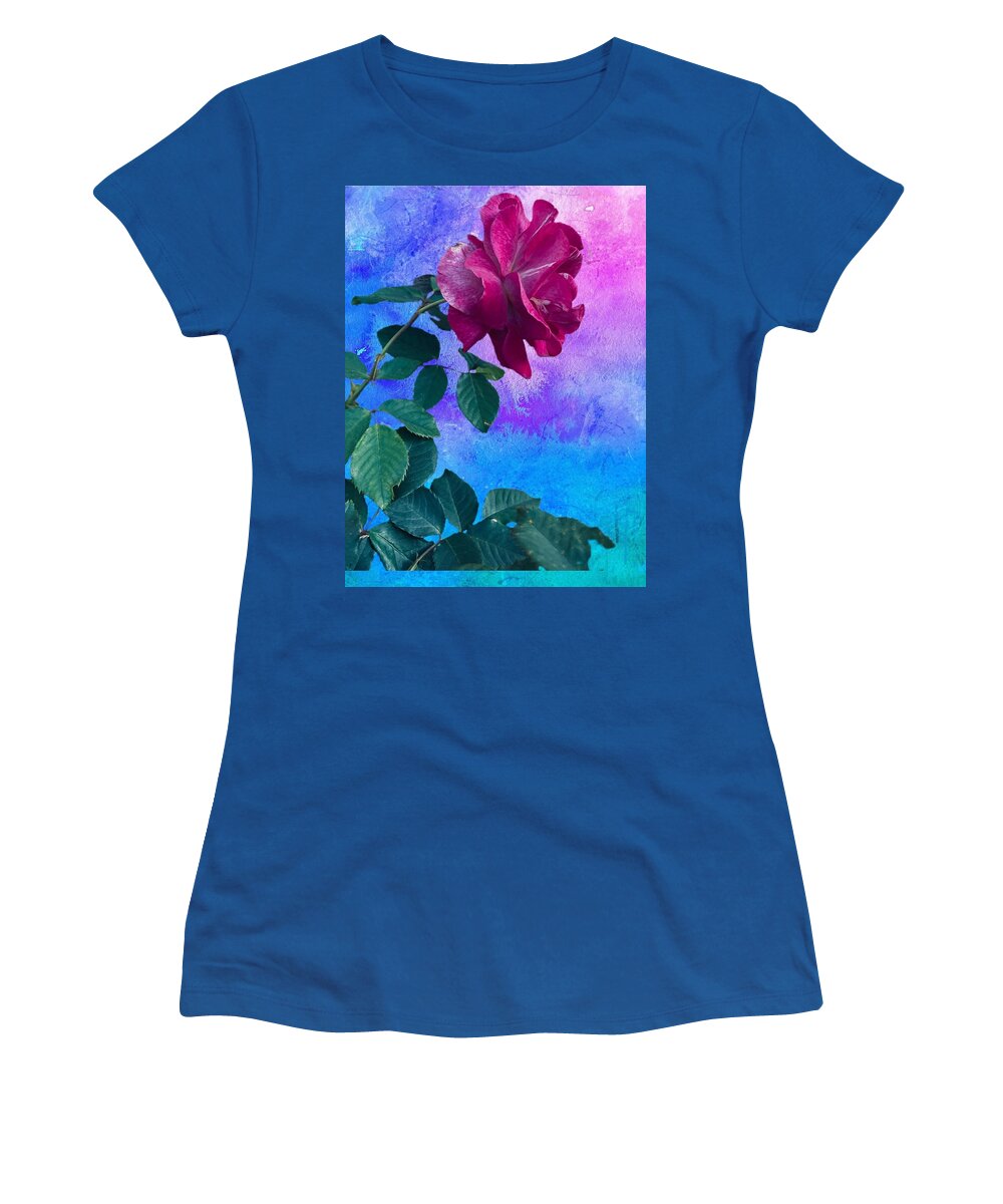 Rose Flower Purple Green Leaves Blue Pink Turquoise Background Women's T-Shirt featuring the digital art Awesome Purple Rose by Kathleen Boyles