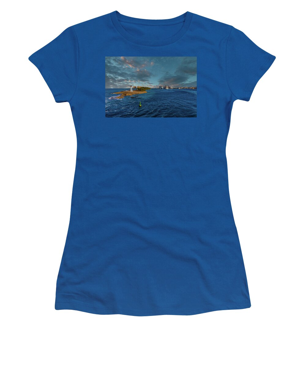 Commercial Building Women's T-Shirt featuring the photograph Bahamas Lighthouse and Cruise Ships at Dusk by Darryl Brooks