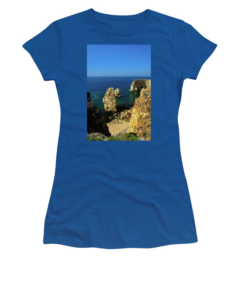 Praia Da Marinha Women's T-Shirt featuring the photograph Beautiful Marinha Beach from the Cliffs by Angelo DeVal