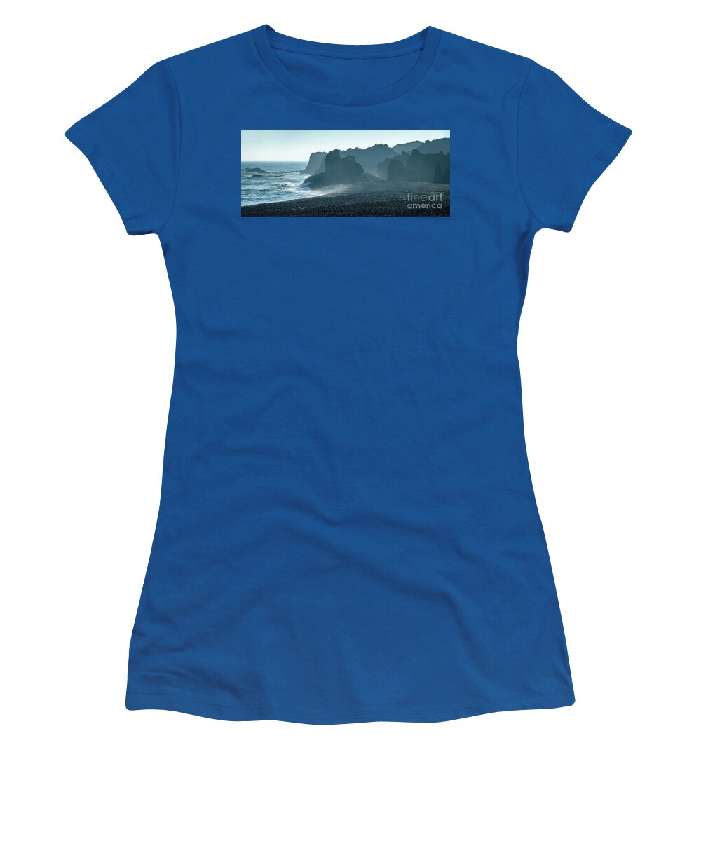 Iceland Women's T-Shirt featuring the photograph Black beach panorama, Snaefellsnes peninsula, Iceland by Delphimages Photo Creations