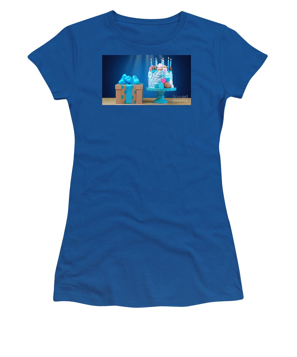 Anniversary Women's T-Shirt featuring the photograph Blue birthday celebration showstopper cake by Milleflore Images