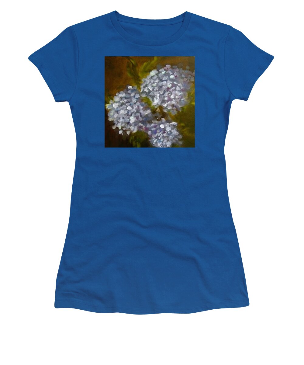 Blue Hydrangeas Women's T-Shirt featuring the painting Blue Hydrangeas by Juliette Becker