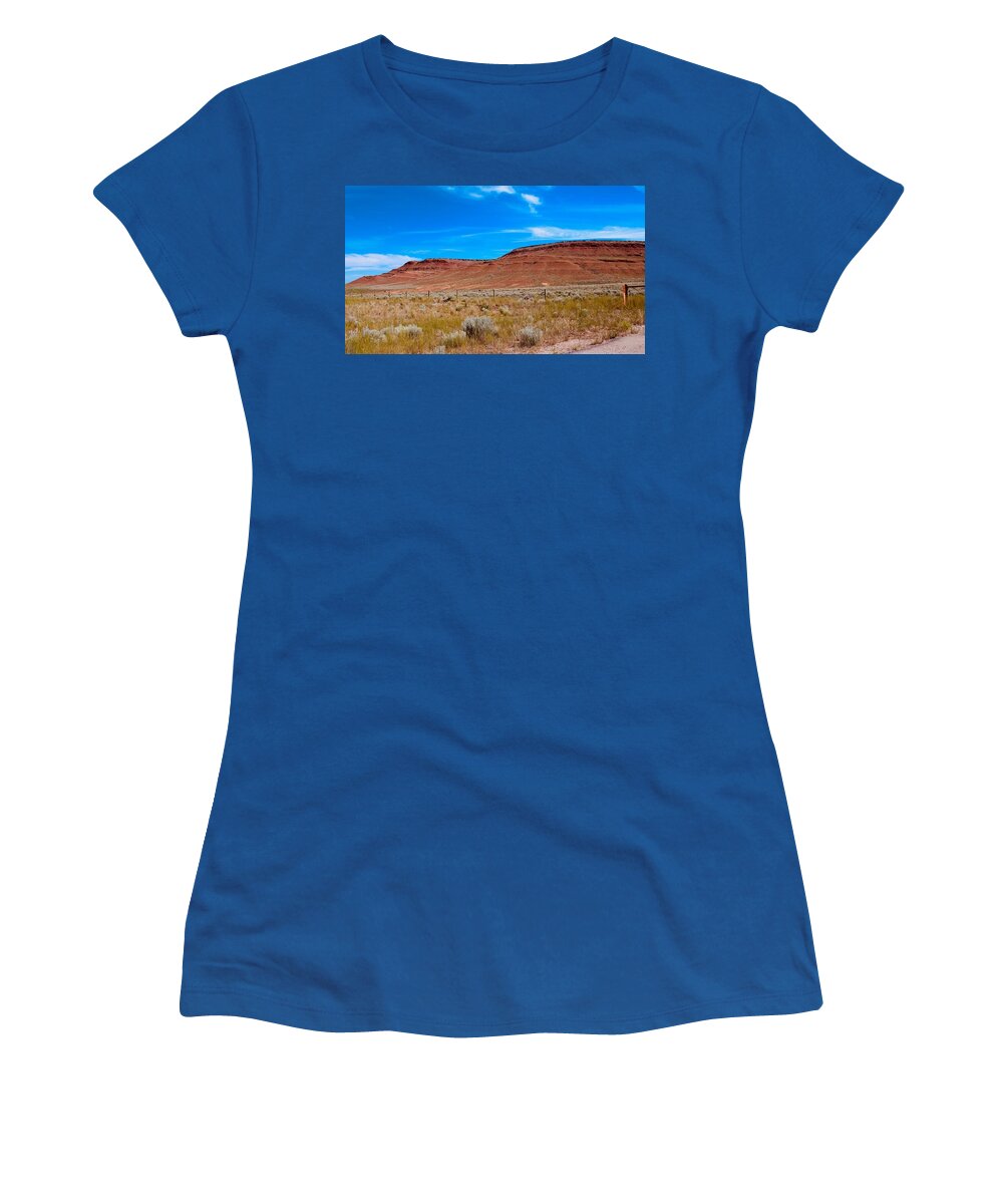 Blue Sky Women's T-Shirt featuring the photograph Blue sky, Red mountain by Yvonne M Smith